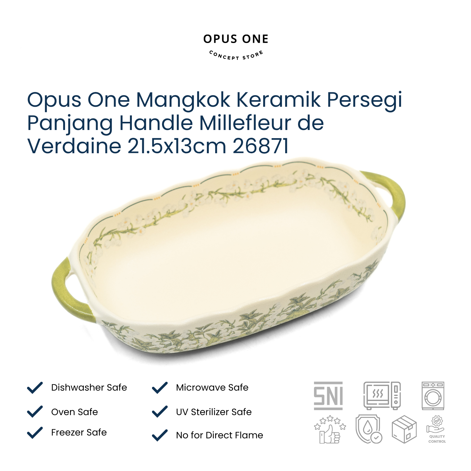 Opus One Mangkok Keramik Persegi Panjang Handle Millefleur de Verdaine 21.5x13cm 26871